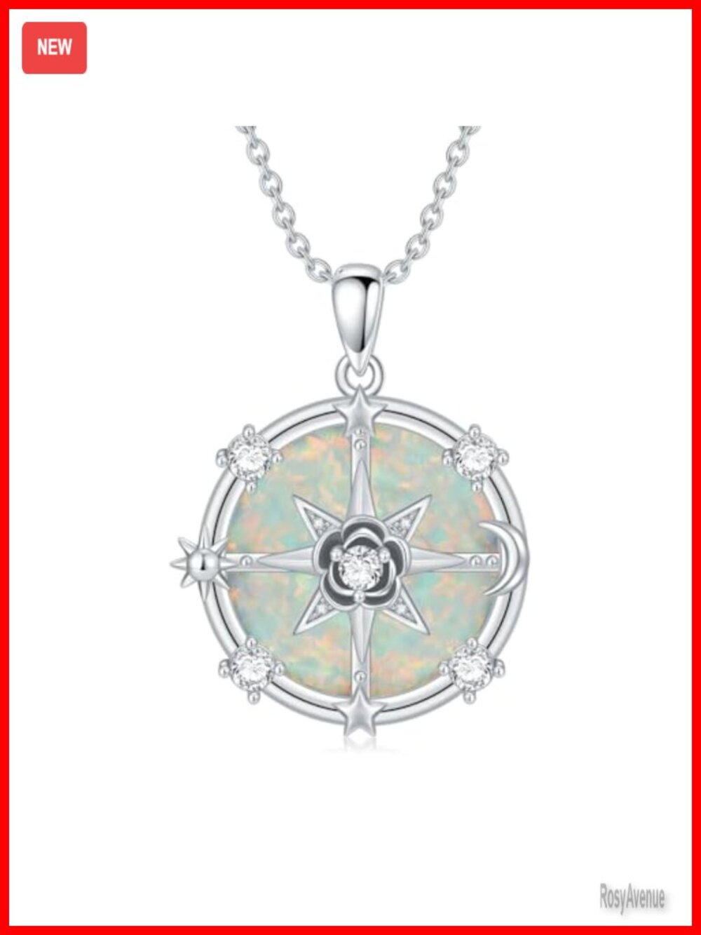 925 Sterling Silver Opal Compass Rose Sun Moon Star Pendant Necklace 18in